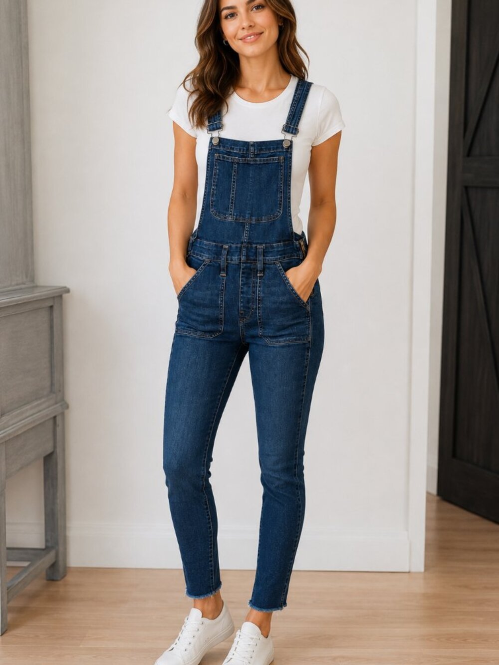 Madewell Skinny Overalls Womens XS Dark Wash Frayed Hem Eco Denim Jumpsuit